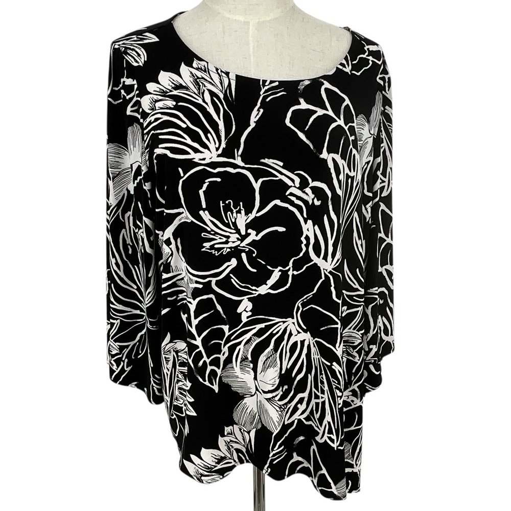 EASYWEAR BY CHICOS Black White Floral‎ Print Long Sleeve Top Women's Sz 2 US 12